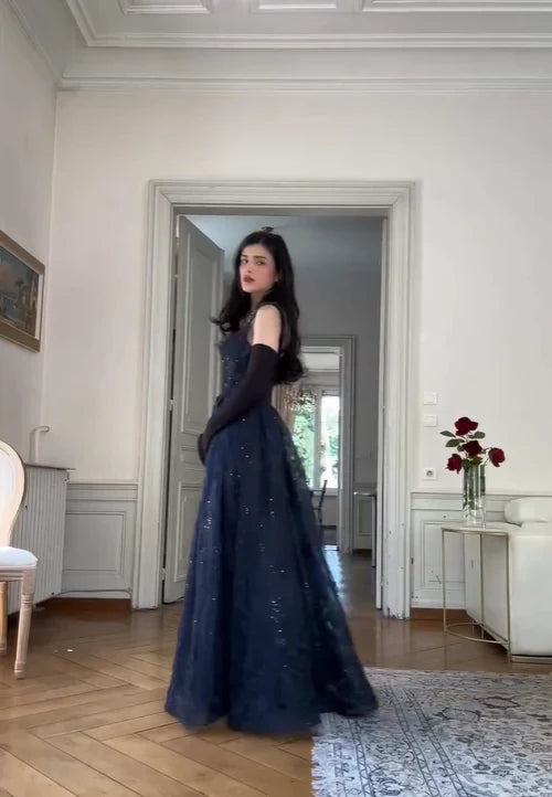 Navy Blue Vintage Fashion Elegant Strapless A-Line Delicate Lace Long Tulle Ball Gown Evening Dress gh3616