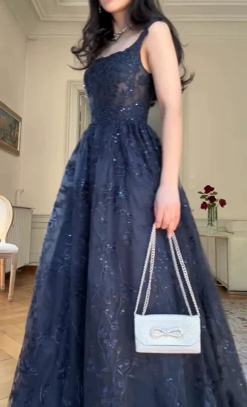 Navy Blue Vintage Fashion Elegant Strapless A-Line Delicate Lace Long Tulle Ball Gown Evening Dress gh3616