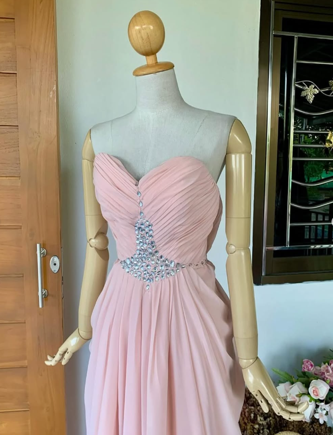 Light Pink Sheath Sweetheart Neck Rhinestone Chiffon Long Prom Dress Evening Dress SH2296