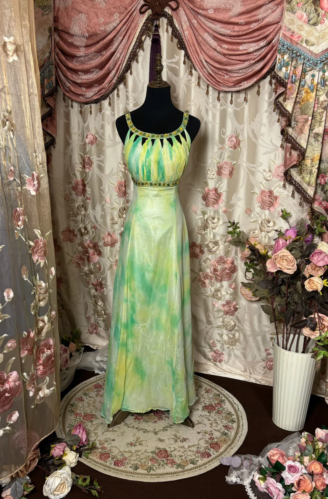 Dreamy Green Ombre A Line Halter Beaded Chiffon Prom Dress Evening Dress Date Dress SH3703