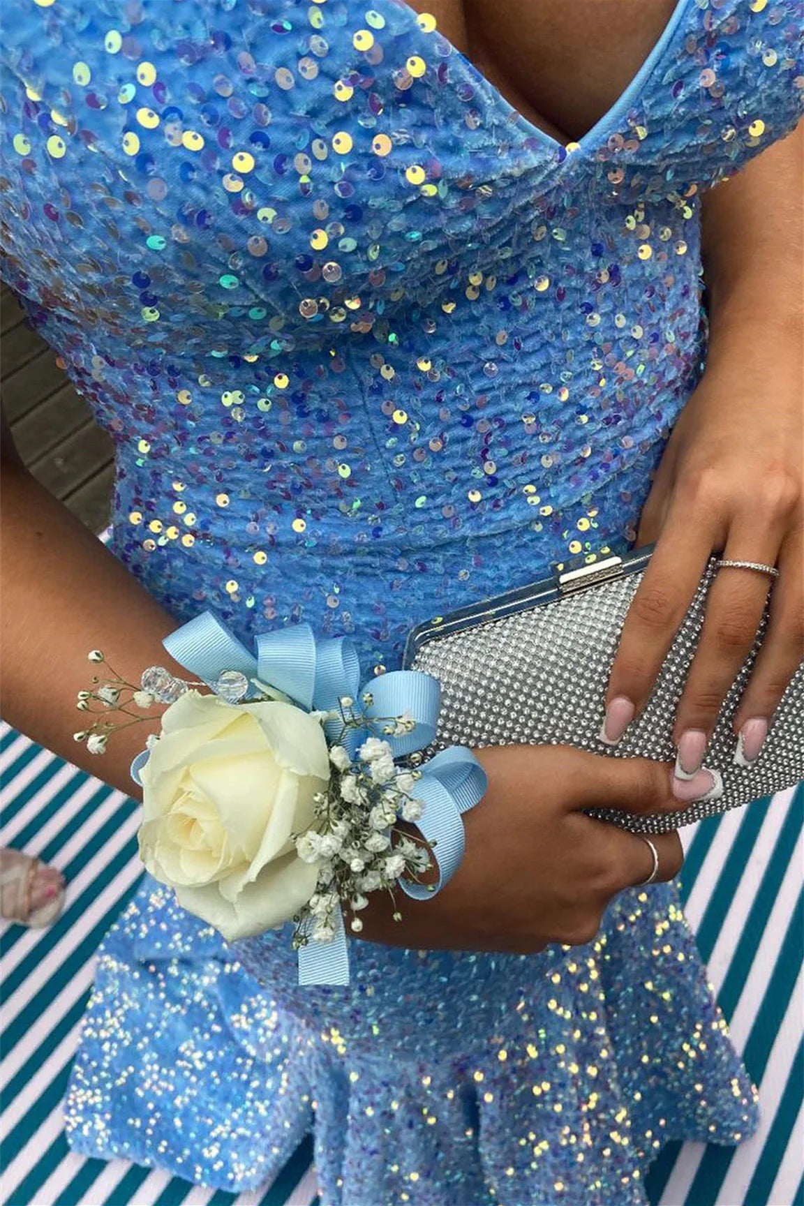 Mermaid Light Blue Sequin Long Prom Dresses