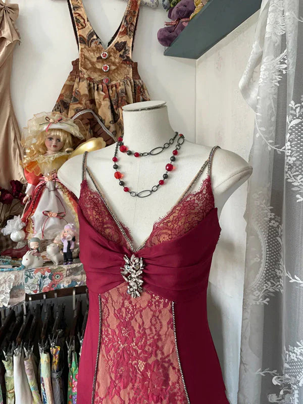 Mermaid Spaghetti Straps Red Lace Prom Dresses Long Party Dress