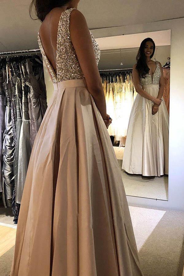 Modest V-neck Sleeveless Floor-Length Blue Prom Dress with Beading PSK081