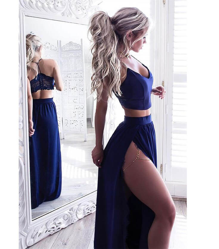 Navy Blue Two Piece Prom Dress,Split Dance Dress,Grade 8th Dresses