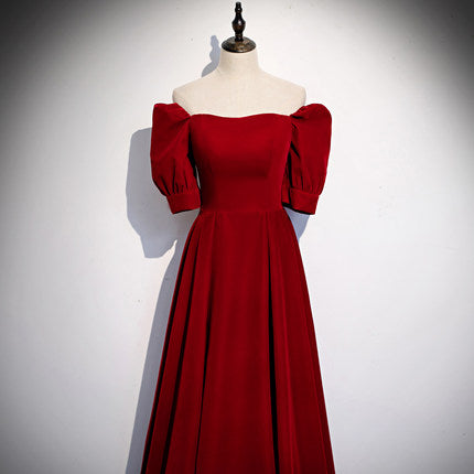 Simple A line Red Velvet Long Prom Dresses SH210