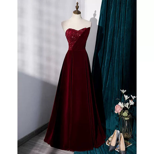 Simple A line Velvet Red Long Prom Dresses SH224