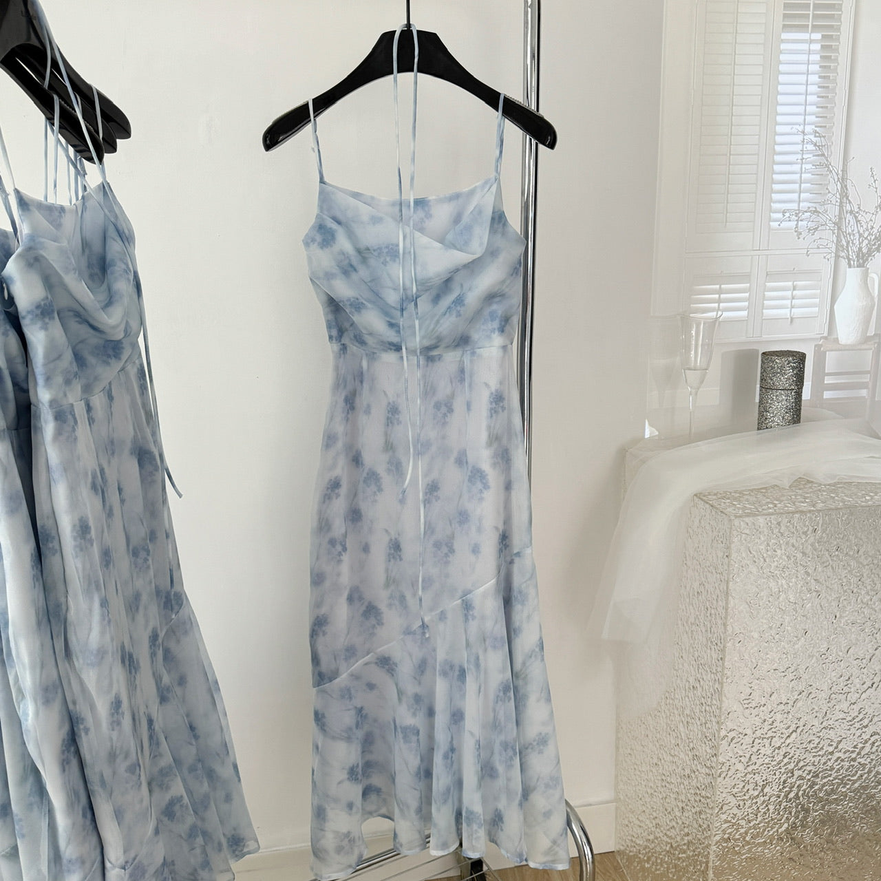 Blue summer romance song neck halter design goddess dress long and short chiffon dress for women DP0007
