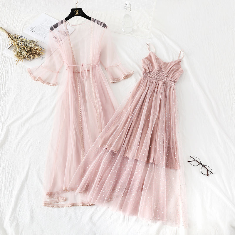 Sequin mesh dress suspender skirt two piece suit 4478