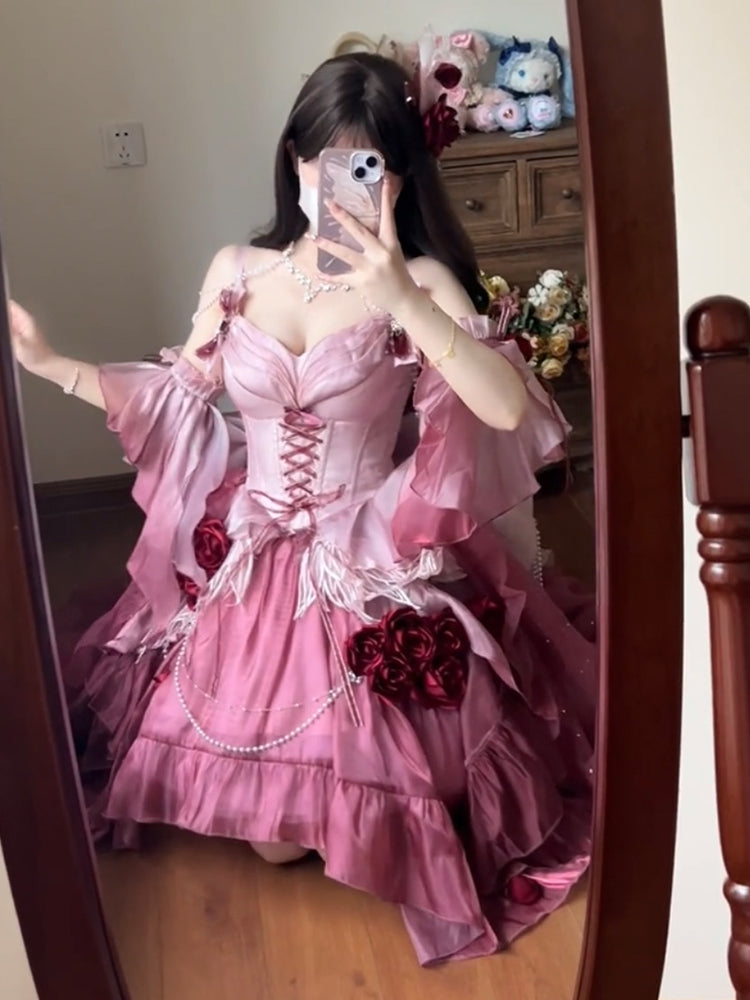 Vintage Ball Gown Spaghetti Straps Chiffon Summer 18th Birthday Dress High Low Ombre Pink Lolita Dress Birthday Outfits DH2415