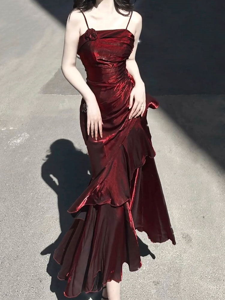 Vintage Mermaid Spaghetti Straps Burgundy Long Summer 18th Birthday Dress Lolita Dresses Birthday Outfits W1217