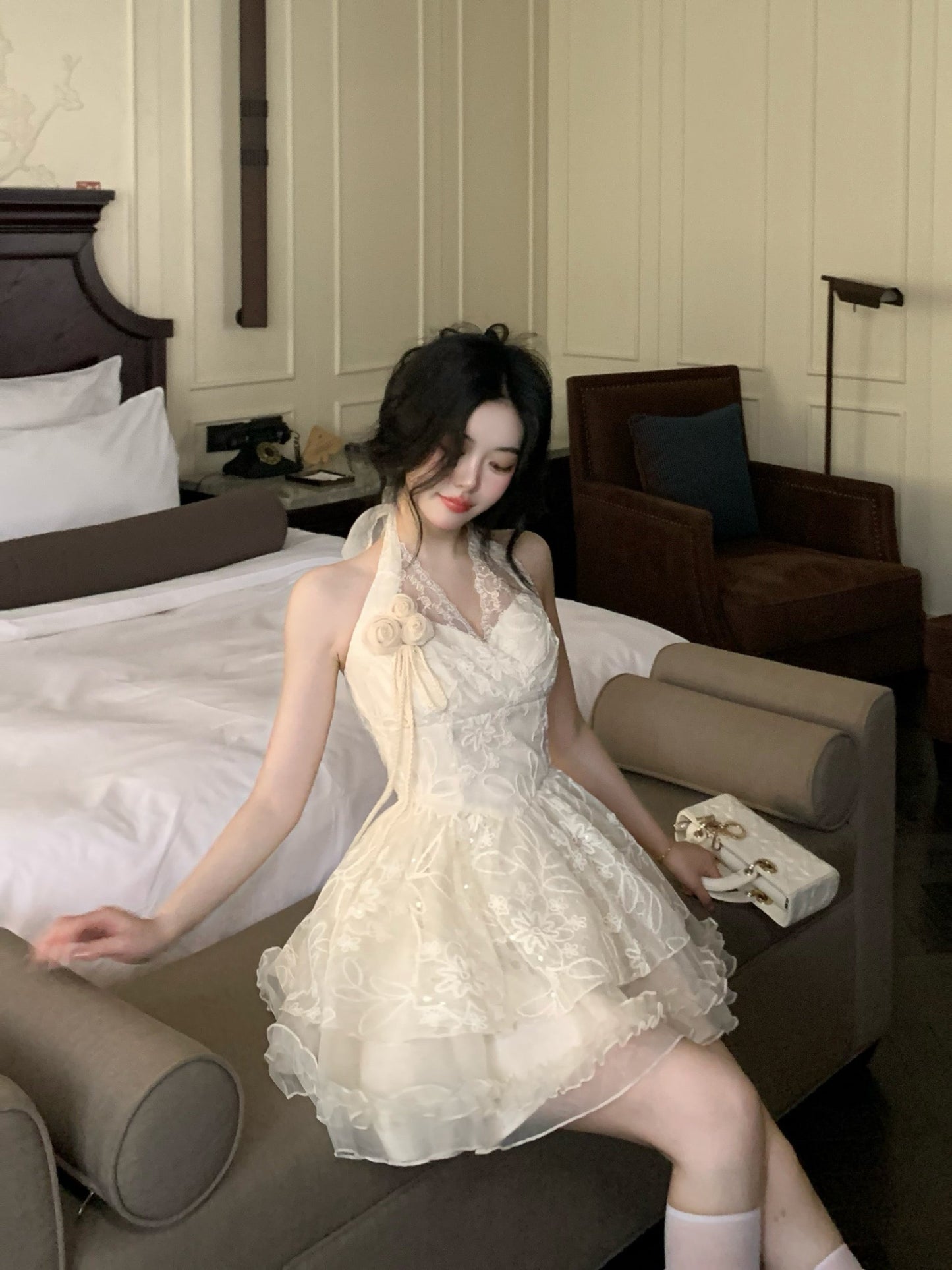 Pretty Ball Gown Halter Ivory Lace Short Mini Formal 8th Grade Homecoming Dresses Summer Middle School Hoco Dress Homecoming Outfits DH682