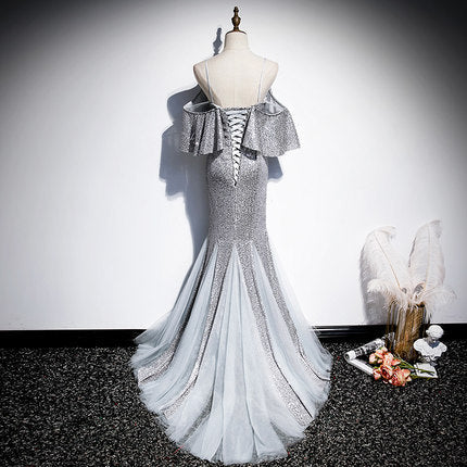 Mermaid Short Sleeves Silver Sequin Prom Dresses SH059