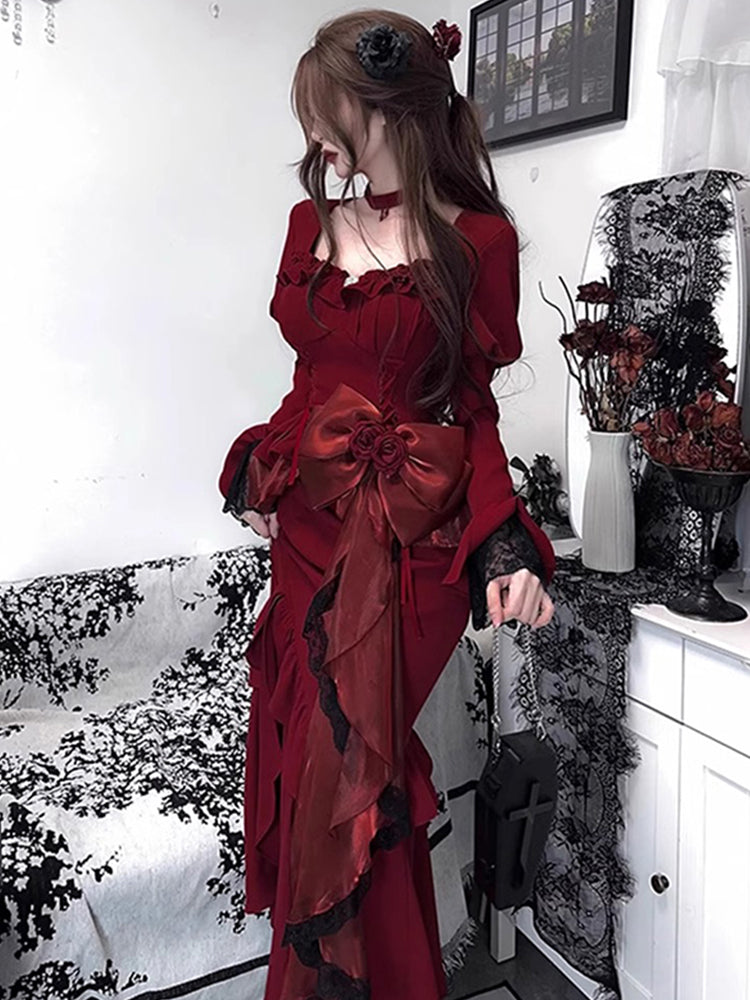 Vintage Mermaid Sweetheart Long Sleeves Burgundy Black Lace Summer 18th Birthday Dress Lolita Dress Birthday Outfits W1133