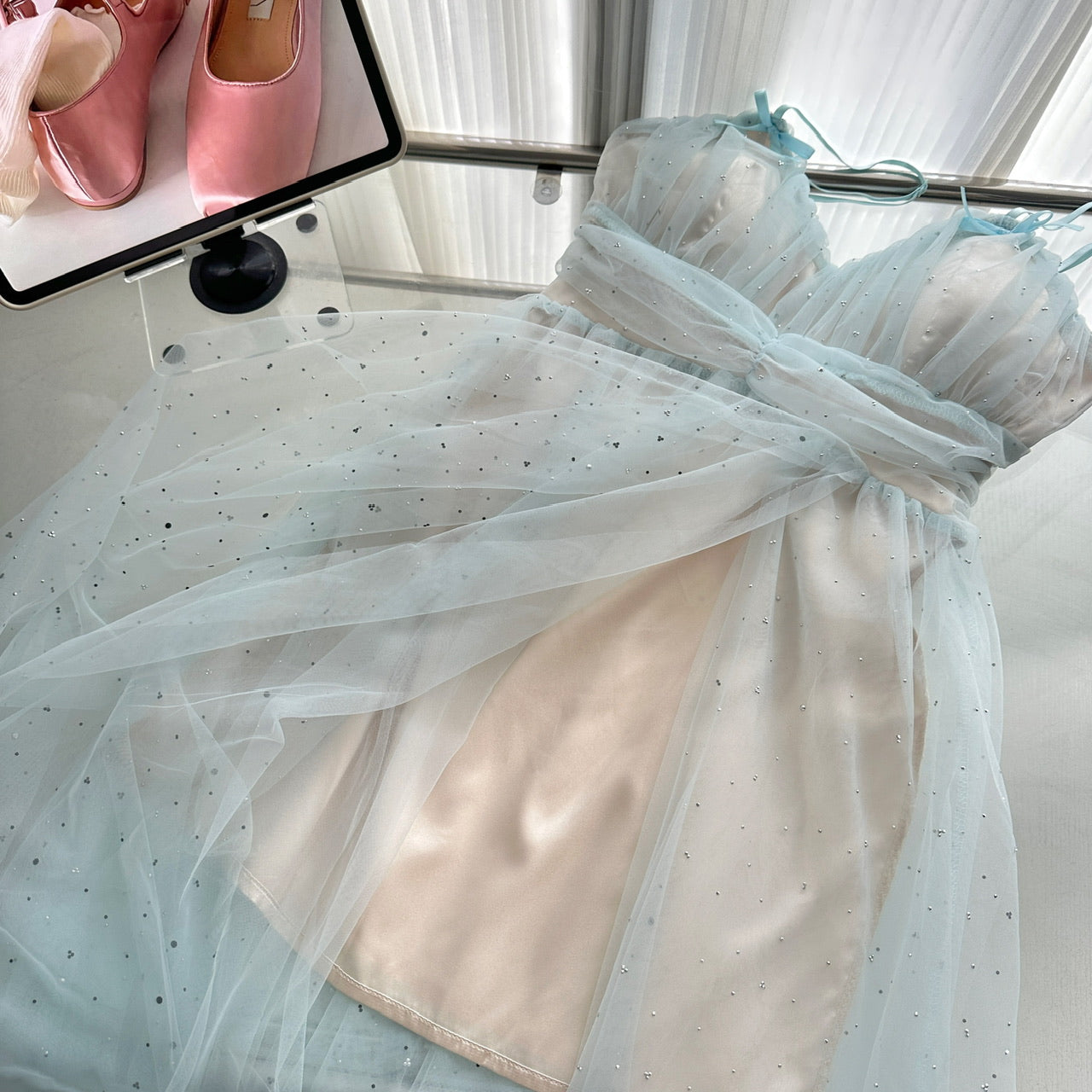 Sexy A Line Spaghetti Straps Blue Tulle Summer Dress Holiday Party Birthday Outfits For Teens DP0142