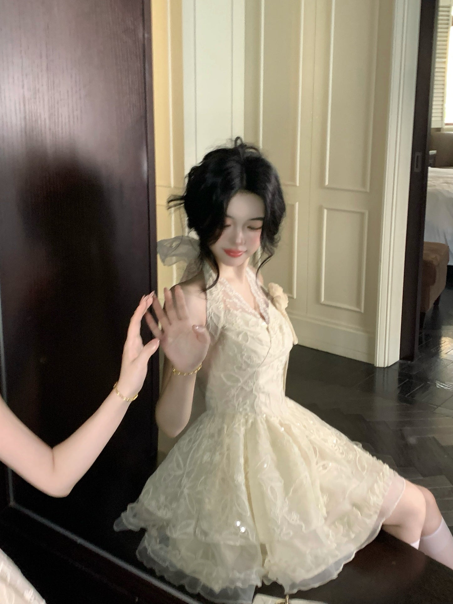 Pretty Ball Gown Halter Ivory Lace Short Mini Formal 8th Grade Homecoming Dresses Summer Middle School Hoco Dress Homecoming Outfits DH682