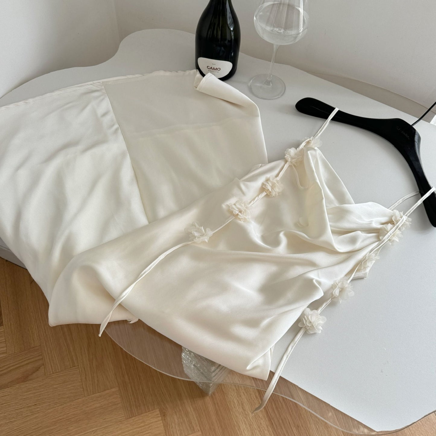 Cute A line Spaghetti Straps Champagne Floral Long Satin Summer Dress For Women DP0009
