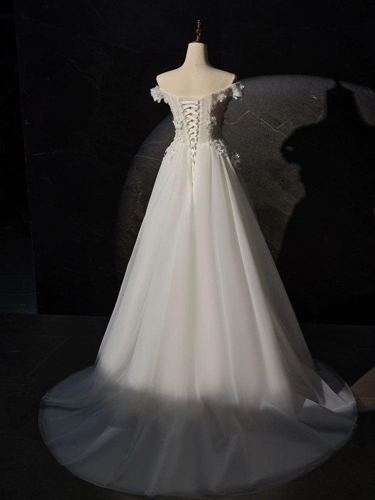 White A-line Off the Shoulder Flowers and Tulle Formal Dress, Beautiful Long Evening Party Dress