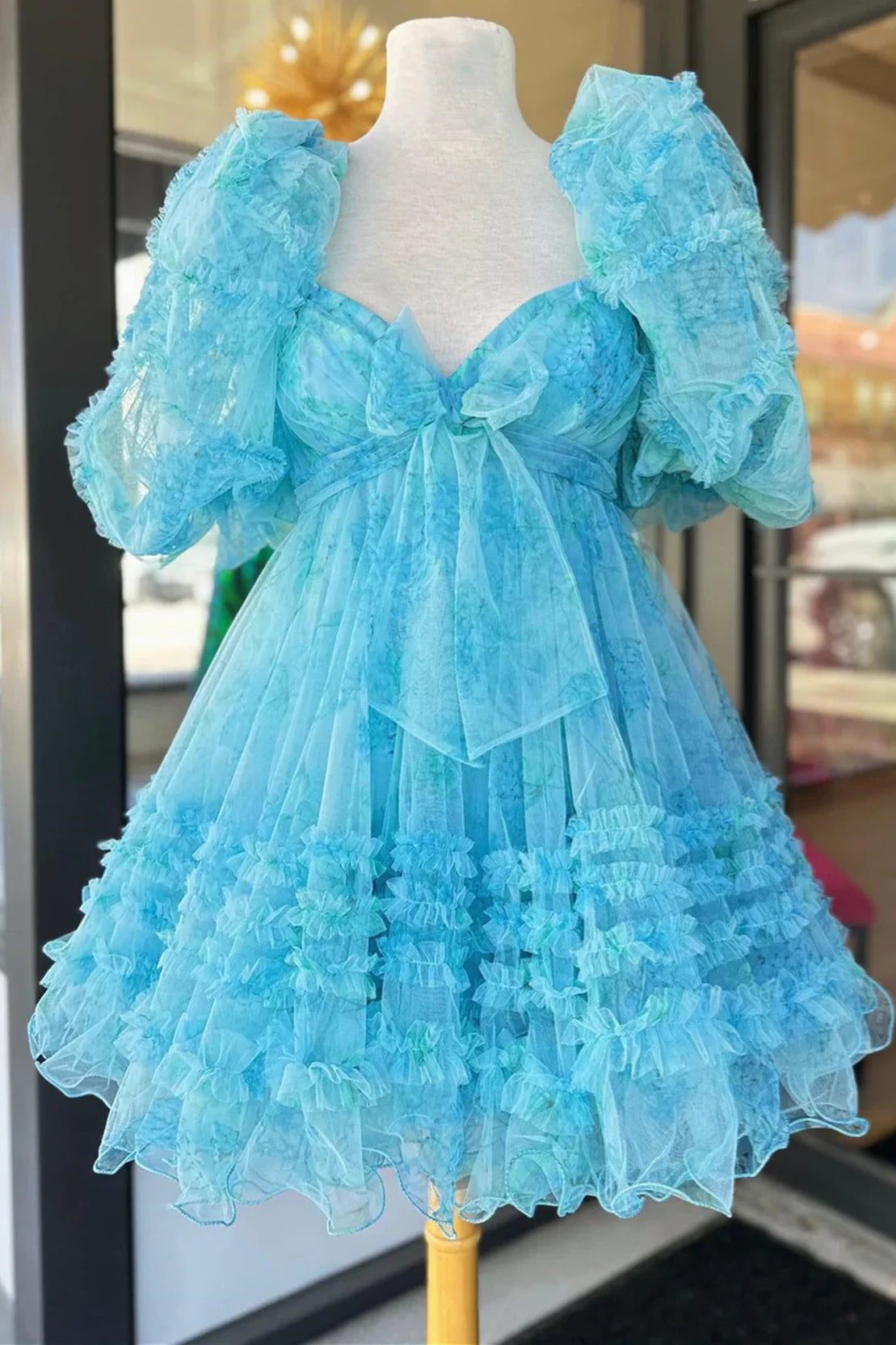 Blue Floral Print Short Baby Doll Homecoming Dress with Balloon Sleeves fg3590