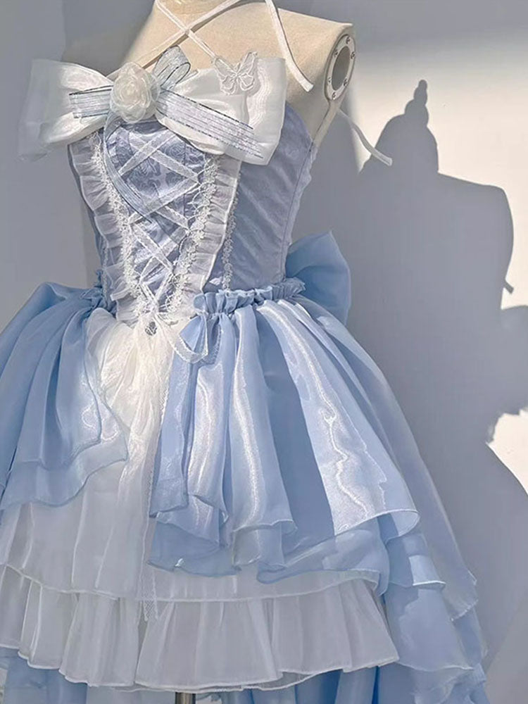 Vintage Ball Gown Strapless Light Blue Organza Summer 18th Birthday Dress Lolita Dresses Birthday Outfits W1124