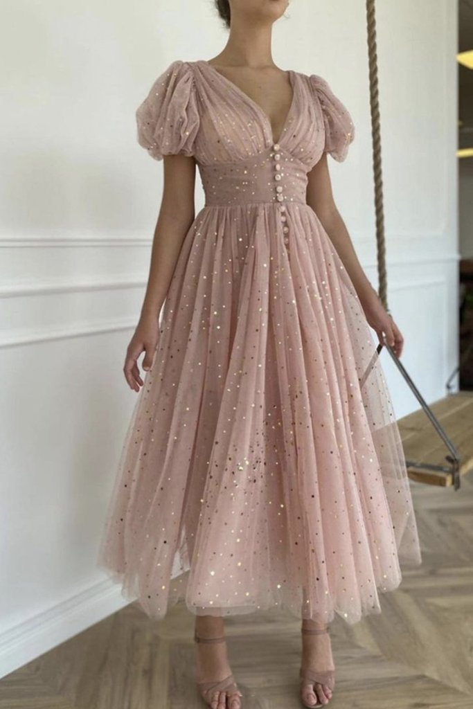 Shiny Sequins V Neck Pink Tea Length Prom Dress, V Neck Pink Homecoming Dress, Pink Formal Evening Dress KS7203