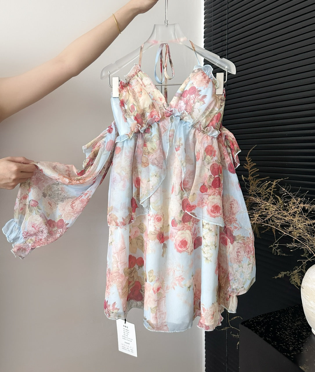 Sweet A Line Halter Pink Floral Summer Short Women Dresses DP0015