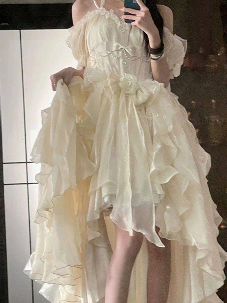 Vintage High Low Off The Shoulder Short Sleeves 16th White Birthday Dress Lolita Dress Birthday Outfits DP0221