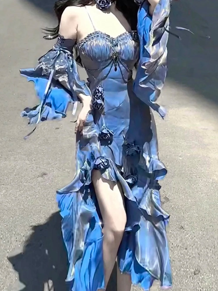 Vintage High Low Spaghetti Straps Blue 16th Birthday Dress Lolita Dress Satin Birthday Outfits DP0218