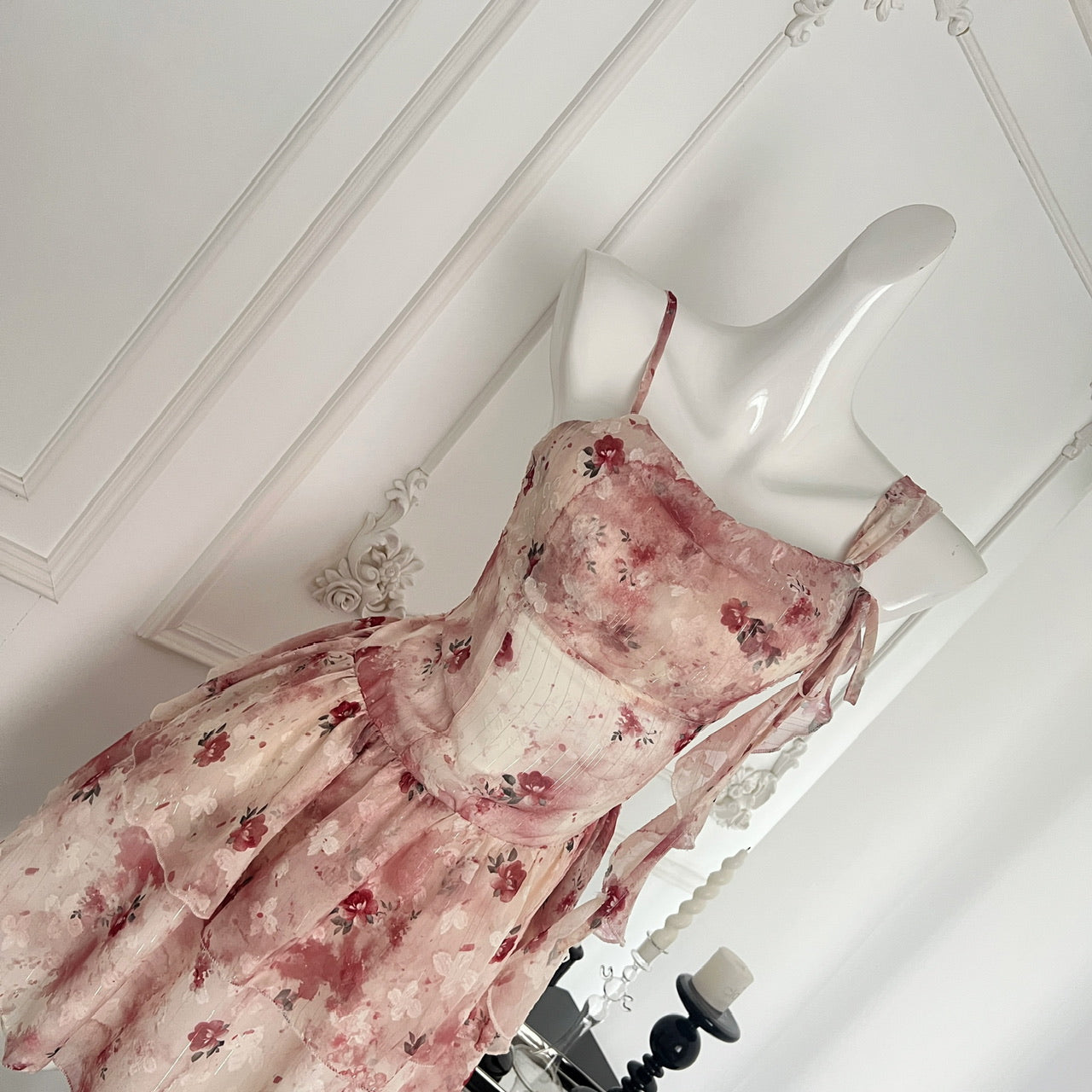 Sweet A Line Straps Pink Floral Summer Short Dresses DP0014