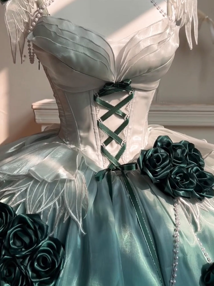 Vintage Ball Gown Spaghetti Straps Chiffon Green Summer 18th Birthday Dress Green Short Lolita Dress 18th Birthday Outfits DH2433