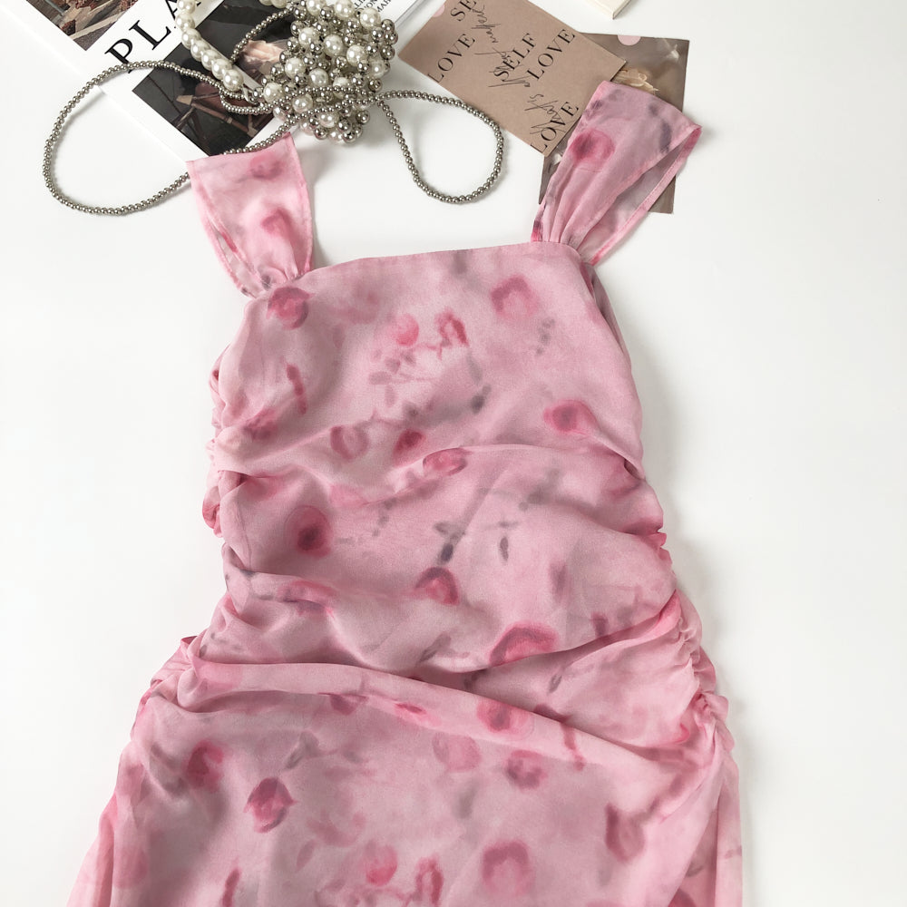 Sexy Sheath Straps Floral Pink Summer Dress Holiday Party Outfits For Women DP0103