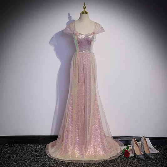Simple Mermaid Long Sequin Pink Prom Dresses SH037