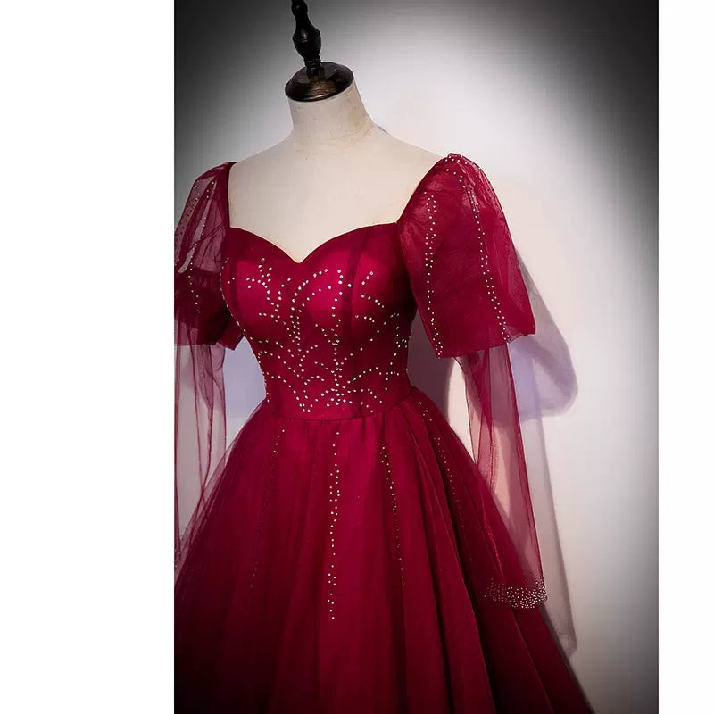 Simple A line Long Tulle Red Prom Dresses SH235