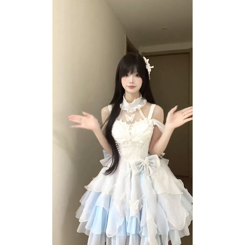 Vintage Ball Gown High Neck Light Sky Blue Chiffon Short Summer 18th Birthday Dress Lolita Dress Birthday Outfits W1208