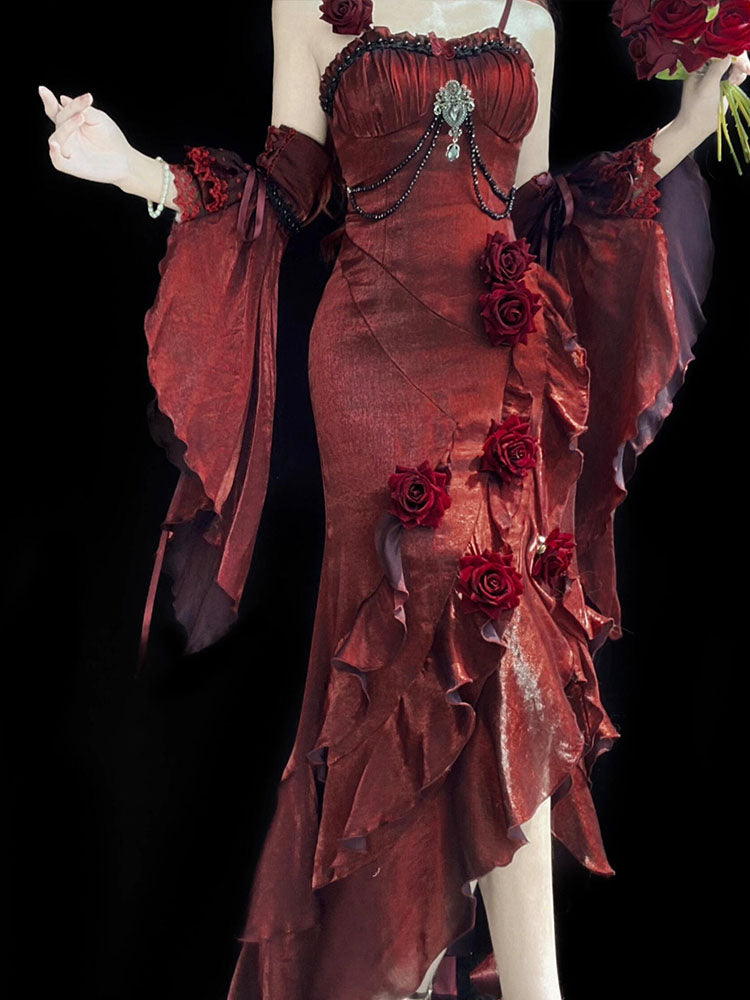 Vintage Mermaid Spaghetti Straps Burgundy Summer 18th Wine Red With Sleeves Birthday Dress Lolita Dress Birthday Outfits W1203