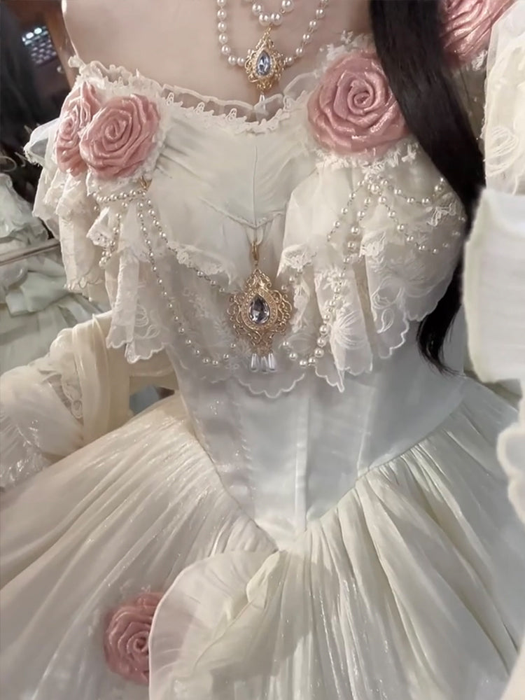 Retro Ball Gown Off The Shoulder Short Sleeves White Rose Floral 16th Chiffon Birthday Dress Lolita Dress 18th Birthday Outfits W1212