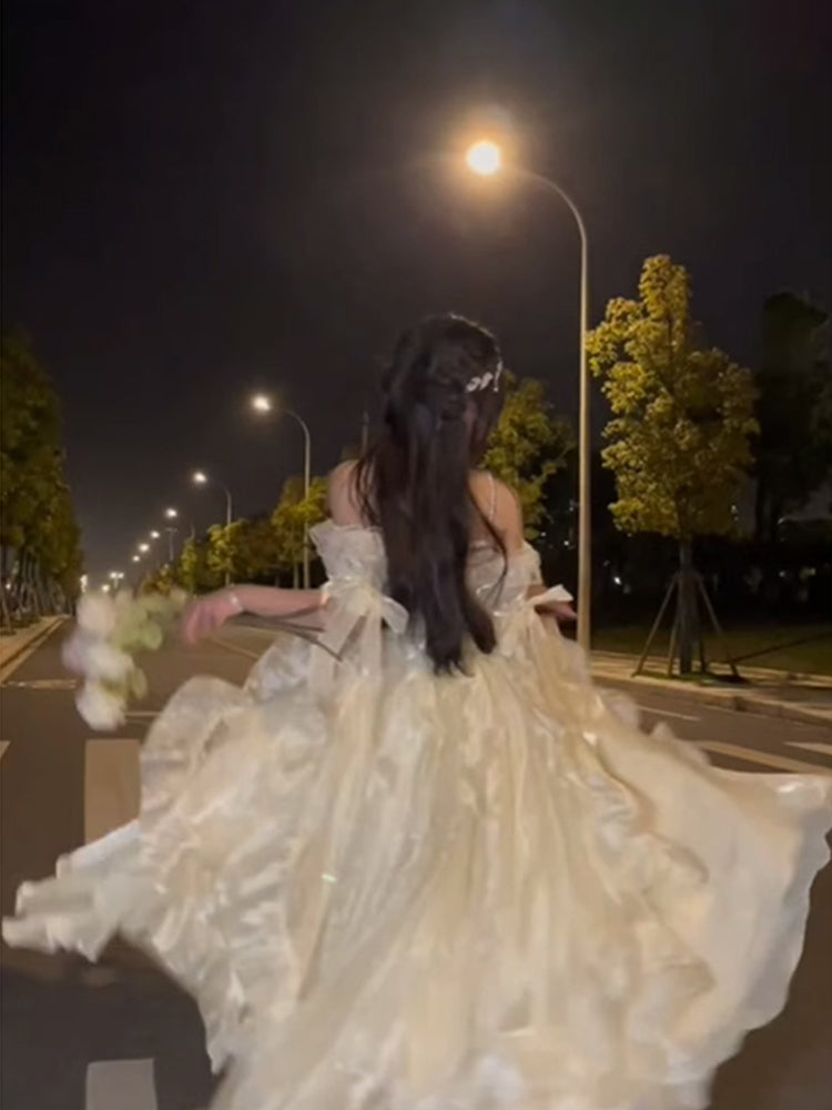 Princess High Low Off The Shoulder Short Sleeves Ivory Floral 16th Chiffon Birthday Dress Lolita Dress 18th Birthday Outfits W1220