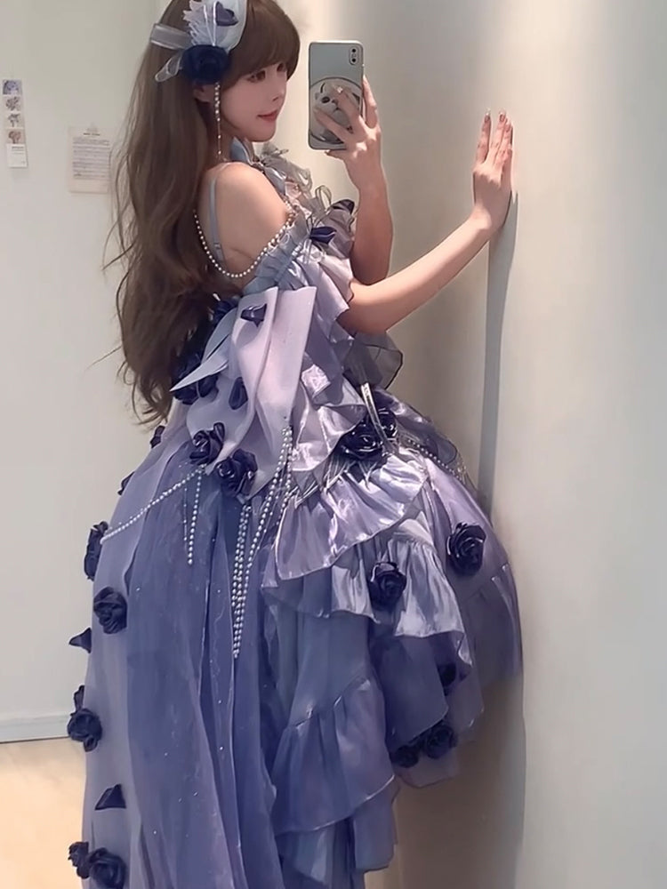 Vintage Ball Gown Spaghetti Straps Grape Chiffon Summer 18th Birthday Dress High Low Ombre Blue Pearls Lolita Dress Birthday Outfits W1246