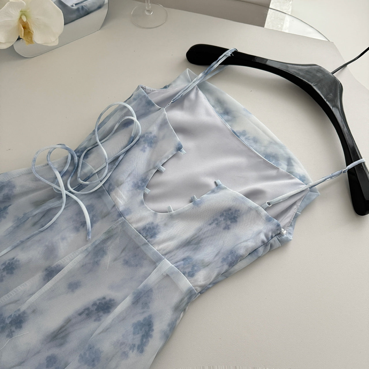 Blue summer romance song neck halter design goddess dress long and short chiffon dress for women DP0007