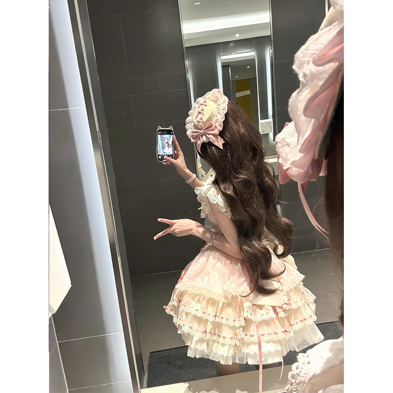 Cute Ball Gown Square Neck Pink Short Lace Summer 18th Birthday Dress Lolita Dress Birthday Outfits W1249