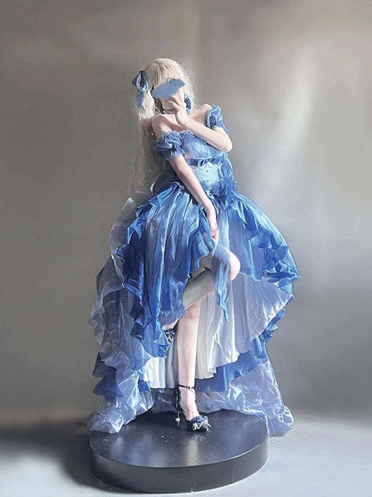 Beautiful High Low Off The Shoulder Short Sleeves Blue Rose Floral 16th Chiffon Birthday Dress Lolita Dress 18th Birthday Outfits W1239