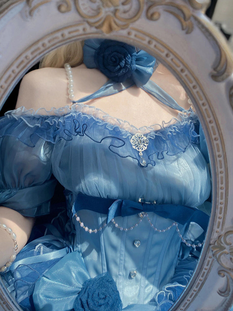 Beautiful High Low Off The Shoulder Short Sleeves Blue Rose Floral 16th Chiffon Birthday Dress Lolita Dress 18th Birthday Outfits W1223