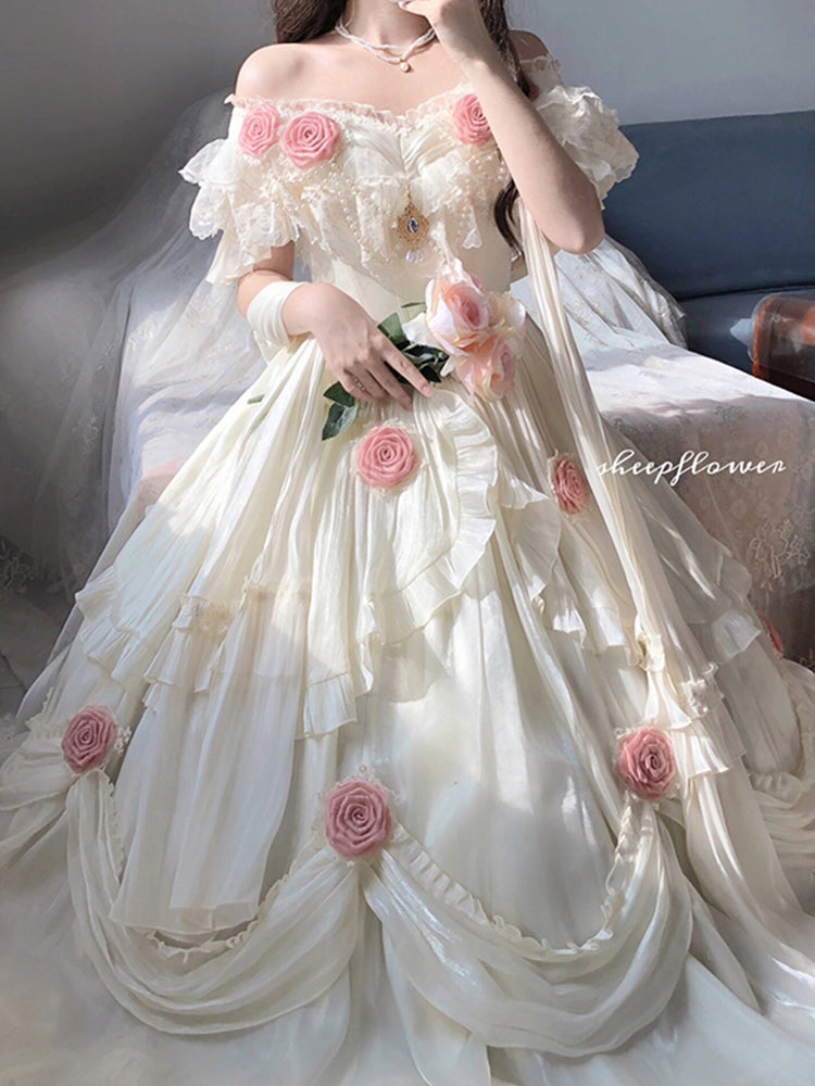 Retro Ball Gown Off The Shoulder Short Sleeves White Rose Floral 16th Chiffon Birthday Dress Lolita Dress 18th Birthday Outfits W1242