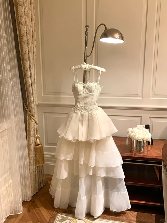 White A Line Spaghetti Strap Layered Lace Organza Prom Dress Evening Dress Date Dress SH3674