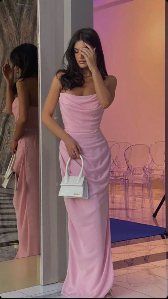 Strapless Pink Chiffon Party Dress Long Prom Dress SH1368