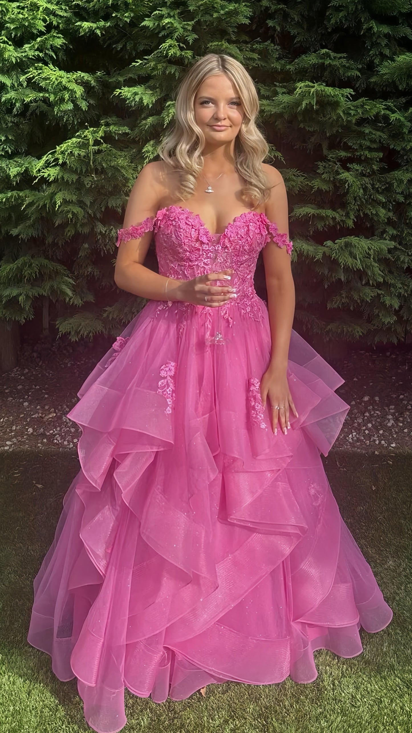 Off The Shoulder Pink Appliques Ball Gown Tulle Prom Dress