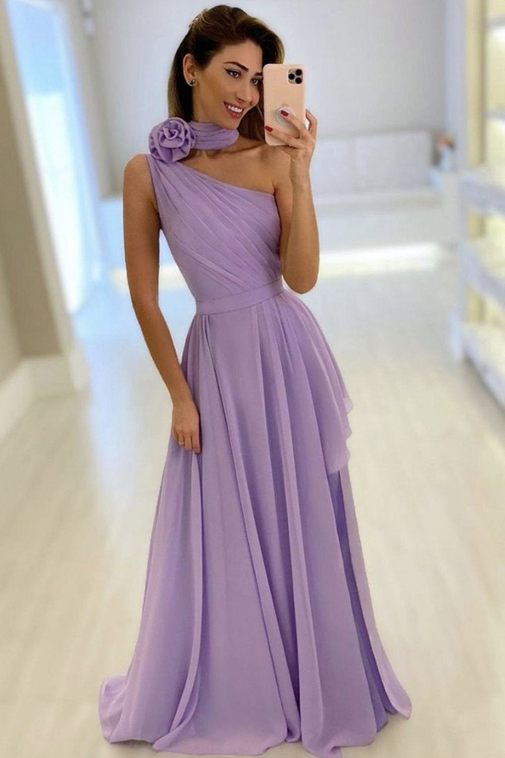 One Shoulder Purple Chiffon Long Prom Dress, Simple A-line Formal Gown