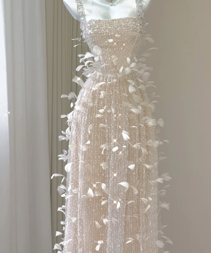 Classy A Line Square Neckline Champagne Tulle Long Prom Dresses P0003