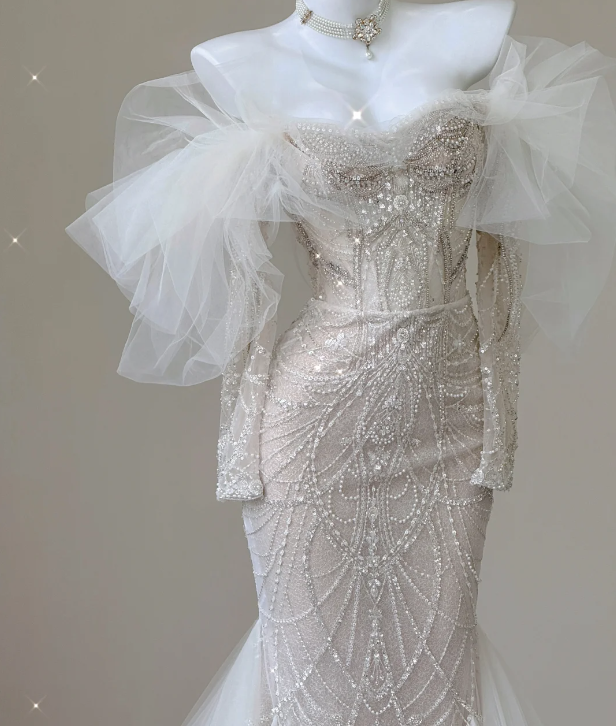 Elegant Mermaid Off The Shoulder Sequin Long Sleeves Wedding Dresses Brides Dress P0008