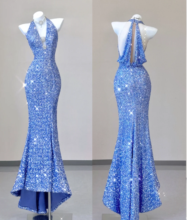 Classy Mermaid Halter V Neckline Blue Sequin Evening Dress Long Prom Dresses P0016