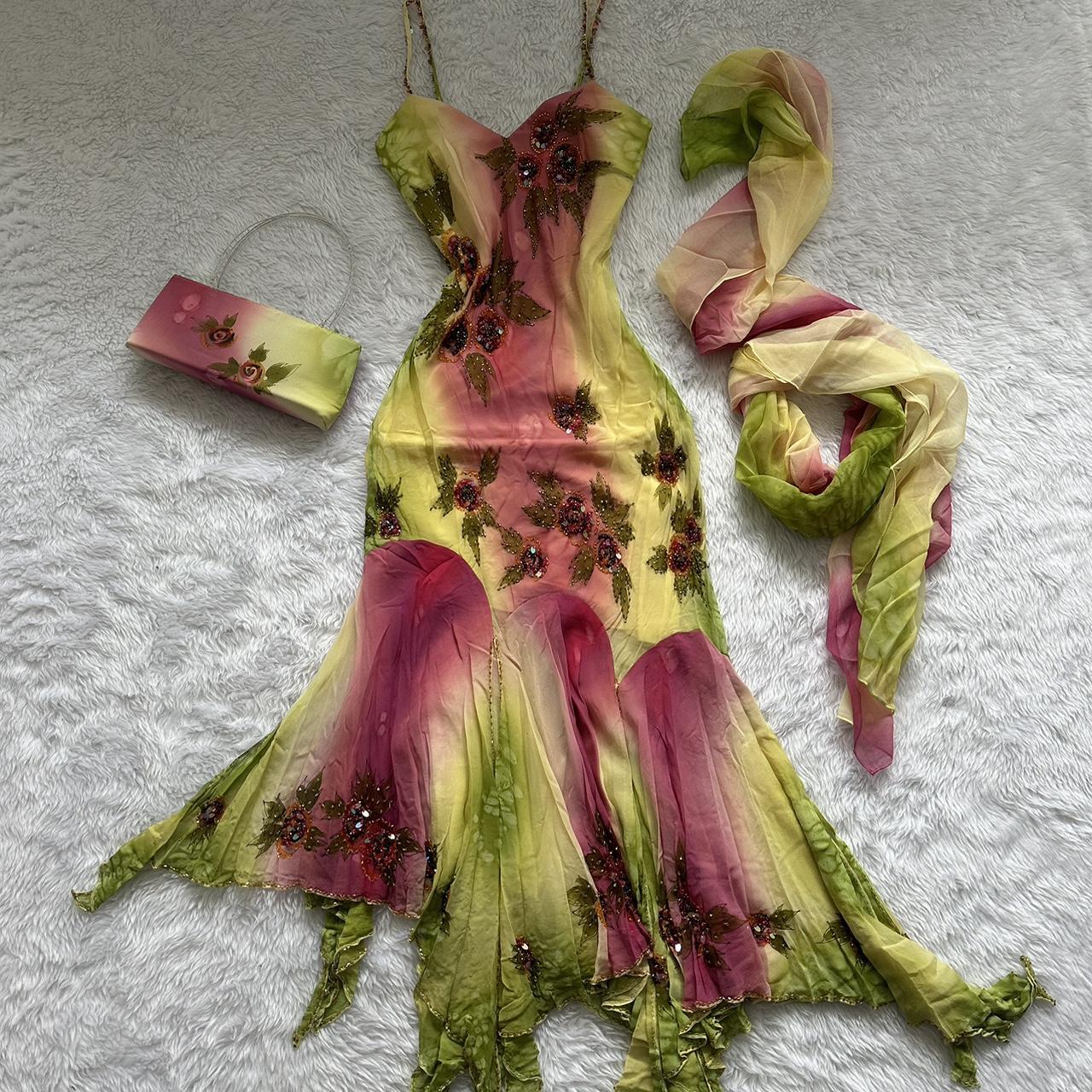 Pink Green Gradient Fashion Elegant Exquisite Beaded Spaghetti Strap Chiffon Long Ruffled Ball Gown Evening Dress Party Dress Prom Dress gh3620